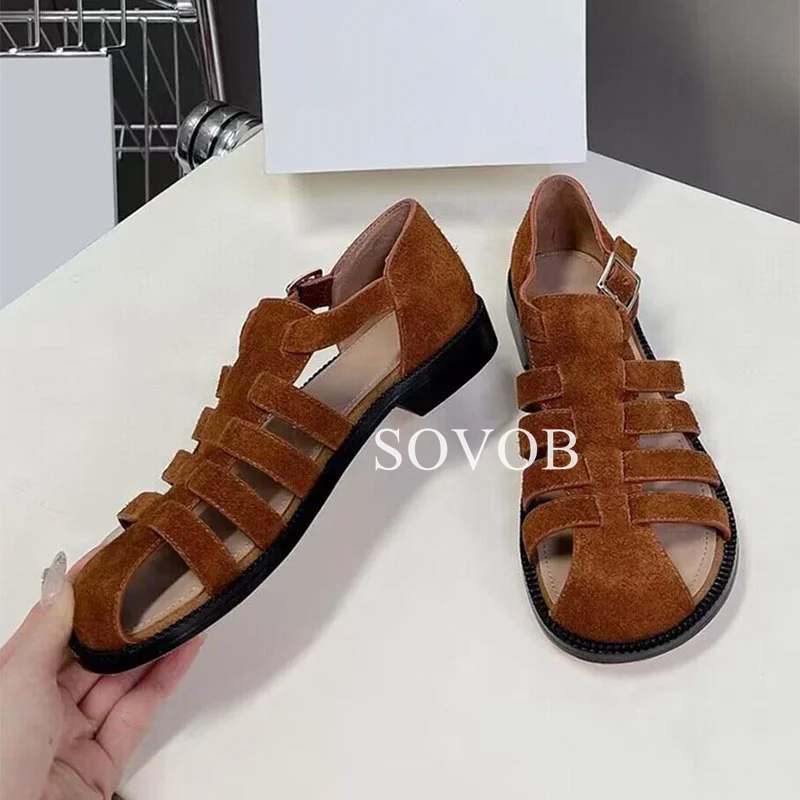 Summer Flat Non-slip Sandals Women Retro Hollow Outs Buckle Design Versatile Sandalias Ladies Daily Commuting Vacation Shoes