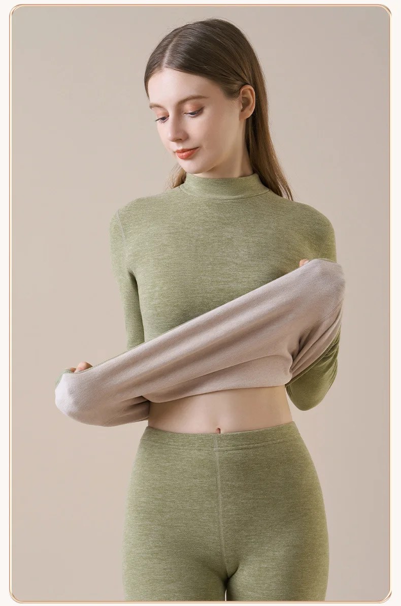 Damen-Thermo-Unterwäsche aus Kaschmirseide, Thermoshirts, warme Hosen, verdickte, einfarbige, halbrollkragenartige Oberteile, langärmlige Winterkleidung. – Detail 8