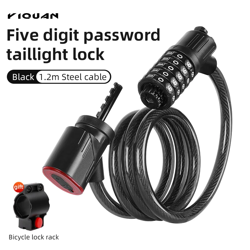 قفل دراجة مع ضوء خلفي مكون من 5 أرقام، قفل أمان للدراجة، سلسلة كابل فولاذي مضادة للسرقة، ملحقات دراجة الدراجة