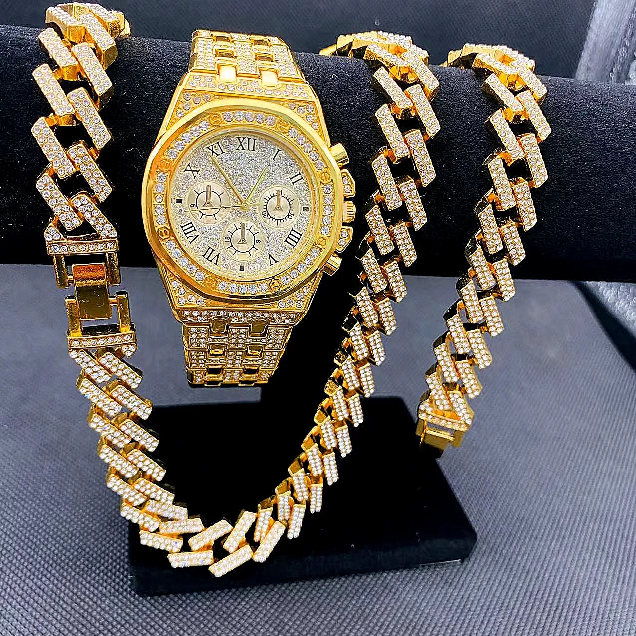 3PCS Zirconia Hip Hop Rapper Rock Diamond Iced Out Watch Necklace Cuban Chain Choker Jewelry for Men Dubai African Gold  Women