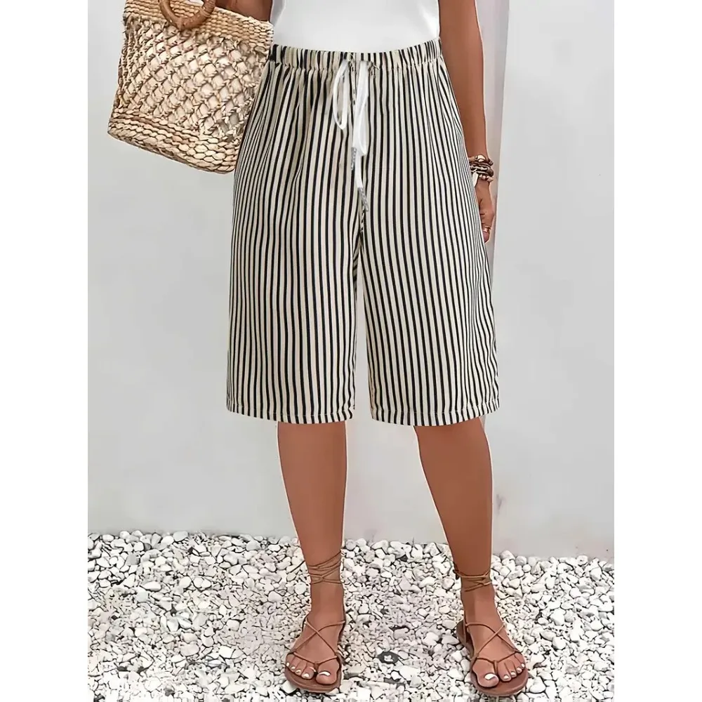 Women Summer Slub Linen Striped Mid-Waist Cropped Pants Casual Daily Office Work Resort Wear Vintage Fit Chic Minimalist New