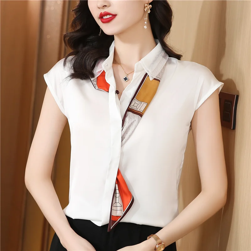 

Fashion Business Work Shirt Women Blouses Elegant Ribbon Printed Summer Short sleeved Top Satin Silk Shirt Basic Party Clothing