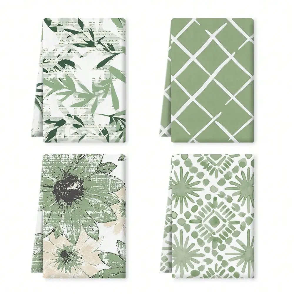 

4-Pack Green Botanical Print Kitchen Towels, 16x24 Inch, Cotton, Boho Decorative Hand Towels