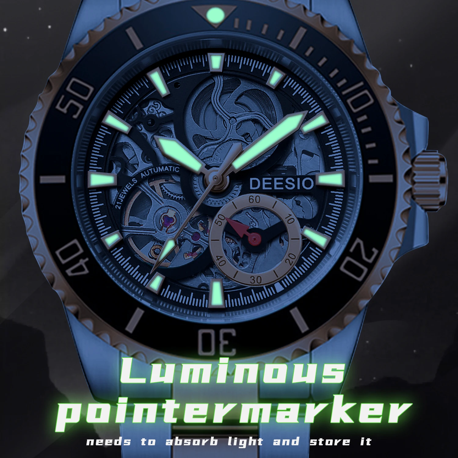 Deesio Jam Tangan Mekanis Otomatis Pria Baru Mewah Jam Tangan Bisnis Bercahaya Tahan Air Kristal Safir Baja Tahan Karat Hadiah