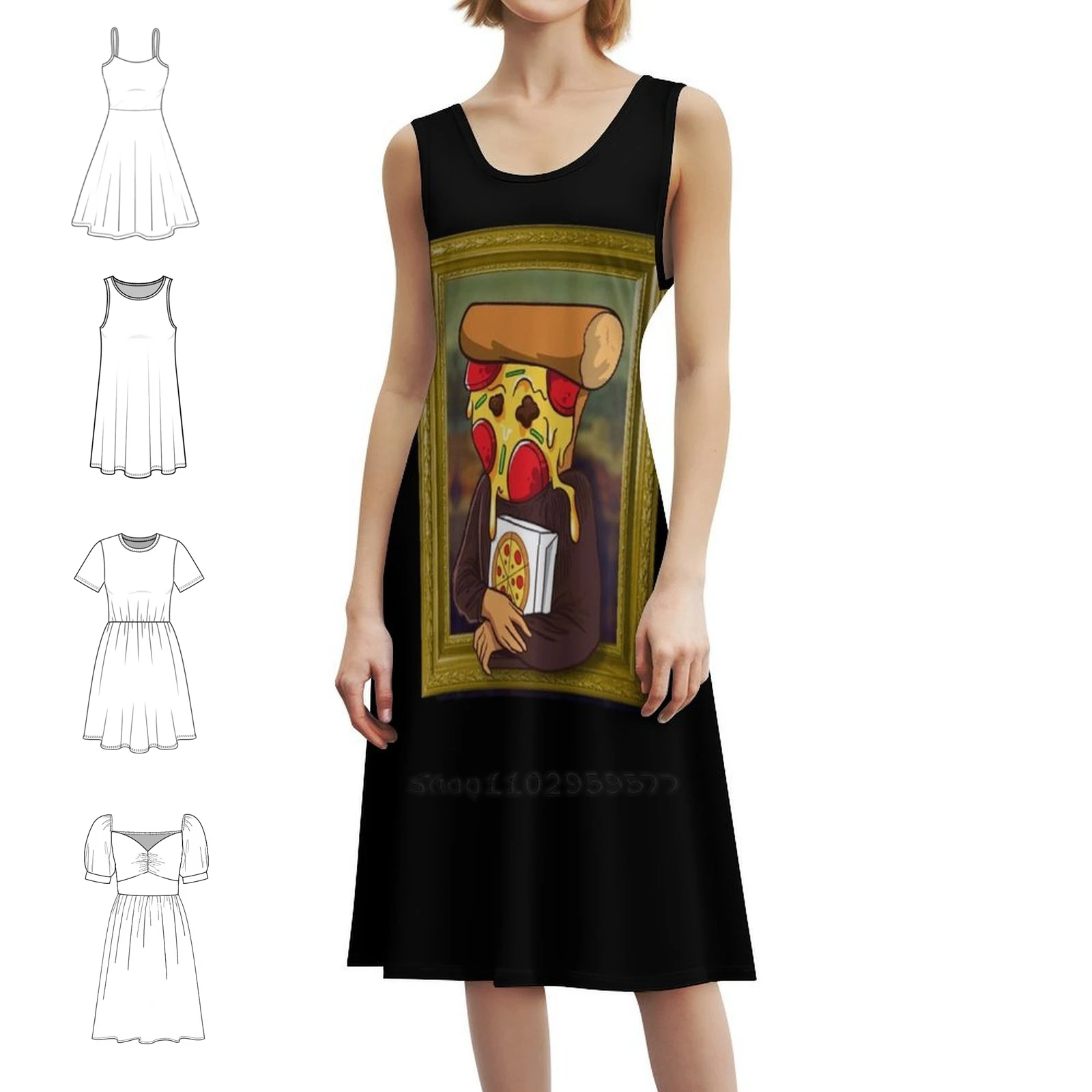 فستان البيتزا الموناليزا المضحك للفنان ومروحة البيتزا فستان سموك مزين بالزهور للنساء للربيع والصيف فستان كاجوال لمحبي البيتزا للحفلات #1