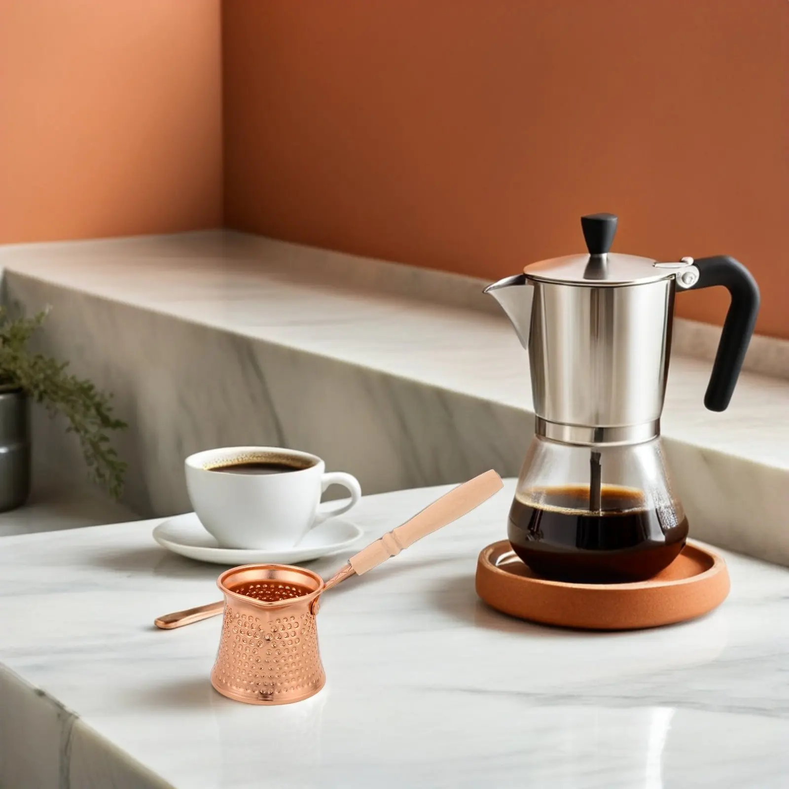 Turkish Coffee Pot 350Ml Aluminum Stovetop Espresso Pot Vintage Wooden Handle Multi Use Coffee Maker Milk Frothing Butter Warmer view 6