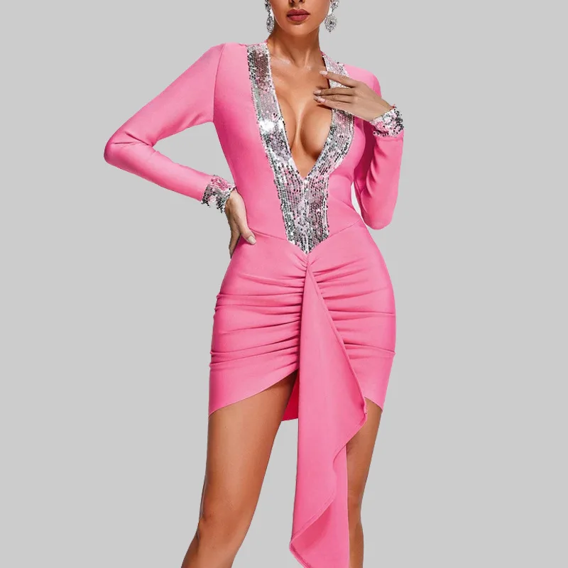 

Dress women's deep V sequins hip-wrapped short skirt long sleeves irregular hem bandage skirt party sexy temperament elegant hig