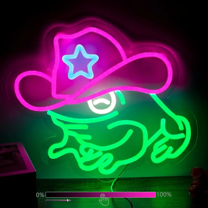 

XM Cowboy Hat Neon for Wall Decoration, Dimmable Frog Neon LED Cool Fun Bedroom Room Lights, Frog Decorated Birthday Party Gifts