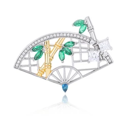 HAIKES925 sterling silver brooch original bamboo window pavilion shaped fan-shaped collar design high-end fashion beautiful