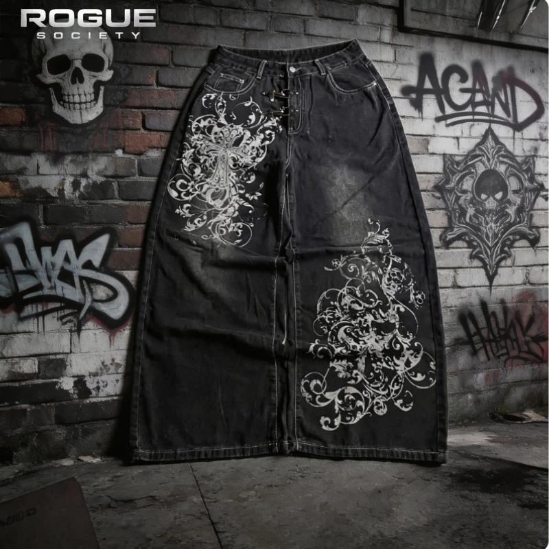Summer Y2K Vintage Cross Print Denim Pants Men Gothic Wide Leg Baggy Straight Harajuku Trousers Grunge Streetwear Jeans Unisex
