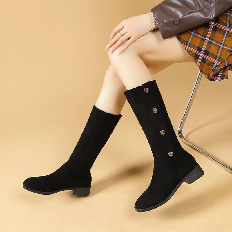 New Women Calf Boots Spring Autumn Fashion Square Heel Snap Folding Western Cowboy Boots Soft Khaki Faux Suede Thin Riding Boots