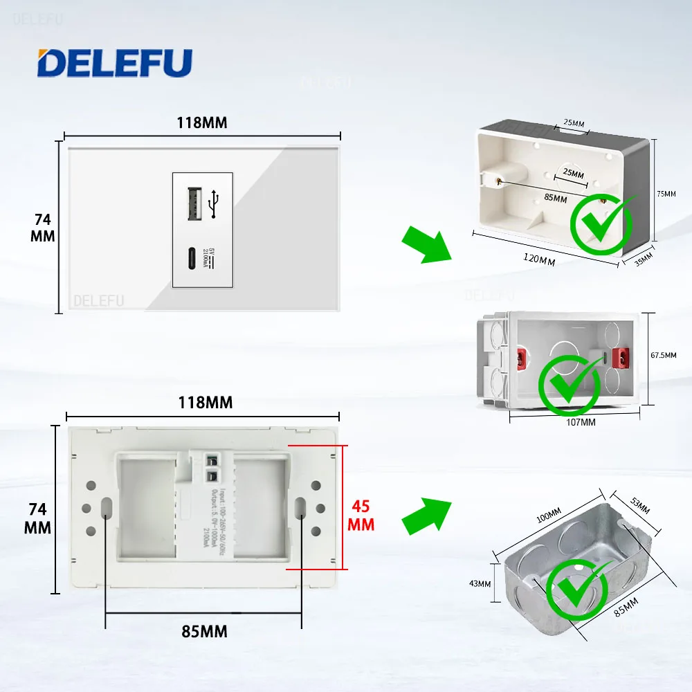 DELEFU White grey black PC Flame Retardant Panel 10A 20A  Brazilian Standard 118*72mm Single Wall Socket  plug