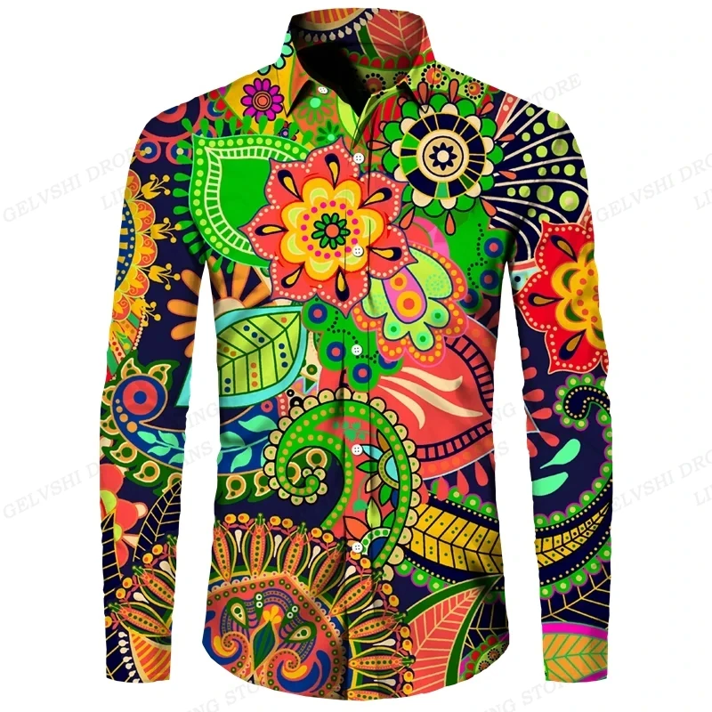 Men Fashion Designer Casual Long Sleeve Shirts Full Print Paisley Floral Hawaiian Shirts Plus Size Button Up Vintage Shirt Tops