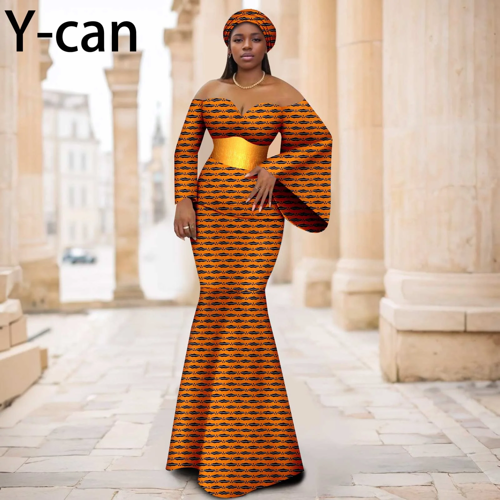 

African Party Dresses for Women Dashiki Ankara Print Sexy Mermaid Dress with Headwrap Bazin Riche Elegant Evening Dress 2425193