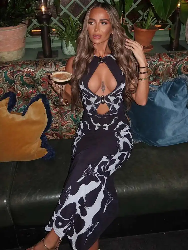 Absobe Snake Print Hollow Out Metals Maxi Dress Women's Sexy Fashion Crew Neck Sleeveless Bodycon Long Dress Club Partywear