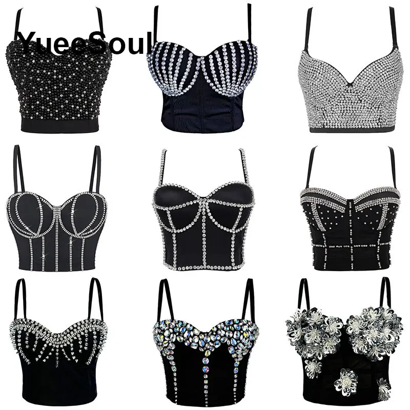 Tops negros Y2K con lentejuelas y diamantes de imitación blancos, Top corto ajustado con borlas, Top gótico para fiesta, Club, boda, calle alta, corsé Sexy, camisola