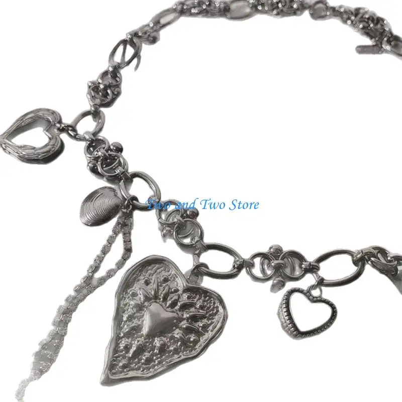 HX6F Trendy Layer Drop Pendant Necklace Showcasing Ornate Heart And Moving Fringe Detail