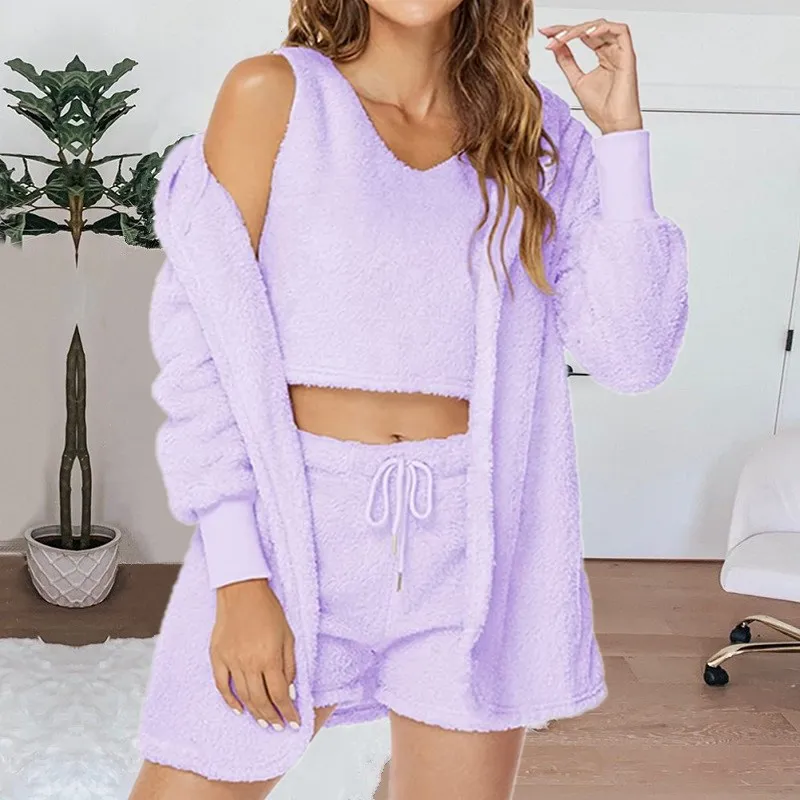 3PCS/Set Thickened Warm Women Pajamas Solid Home Wear Long-Sleeved Long Plush Camisole Jacket Vest Sports Suit Soft Sleepwear