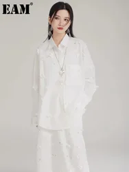 [EAM] Women White Flower Hollow Out Elegant Big Size Blouse New Lapel Long Sleeve Shirt Fashion Tide Spring Autumn 2024 1DH8034