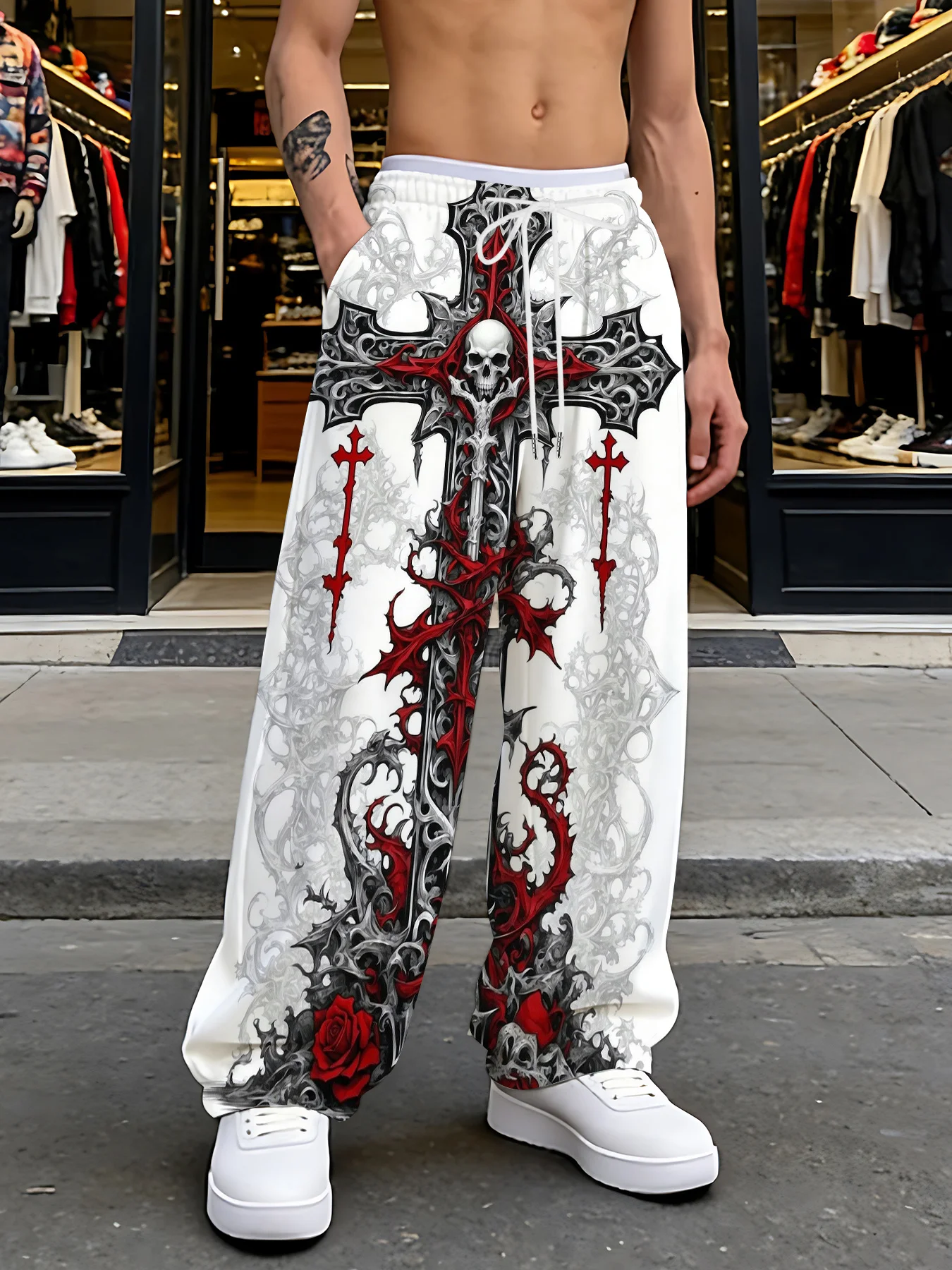 Unisex Straight‑Leg Jogger Pants Gothic Cross Tribal Print Trousers Y2K Punk Hip Hop Streetwear Daily Outdoor Fashion Bottoms