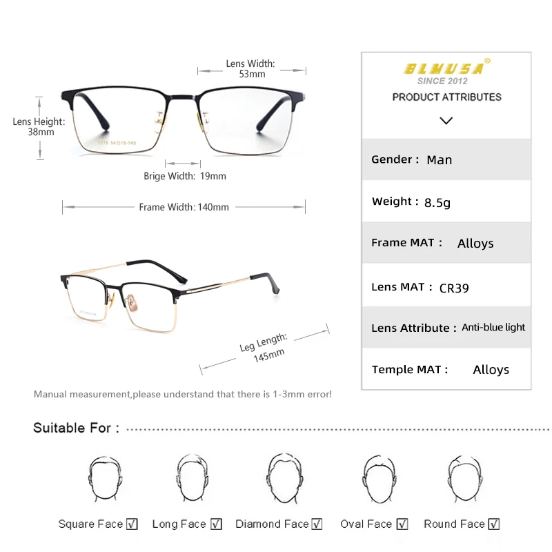 BLMUSA Men Fashion Vintage Progressive Glasses Blue Light Blocking Reading Glasses Multifocal Photochromic Customization Glasses