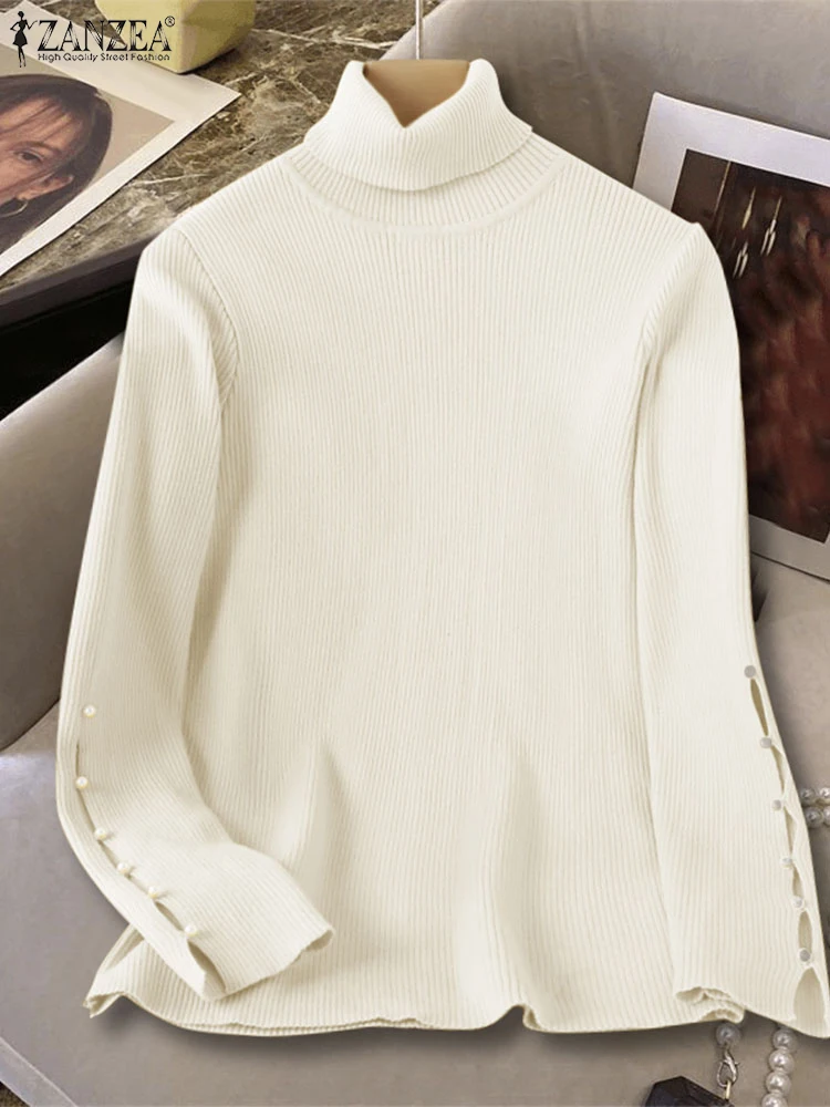

ZANZEA Women Autumn Pullover Sweaters Fashion Long Sleeve Sweaters Slim Turtleneck Jumpers 2025 Winter Casual Ribbed Solid Tops