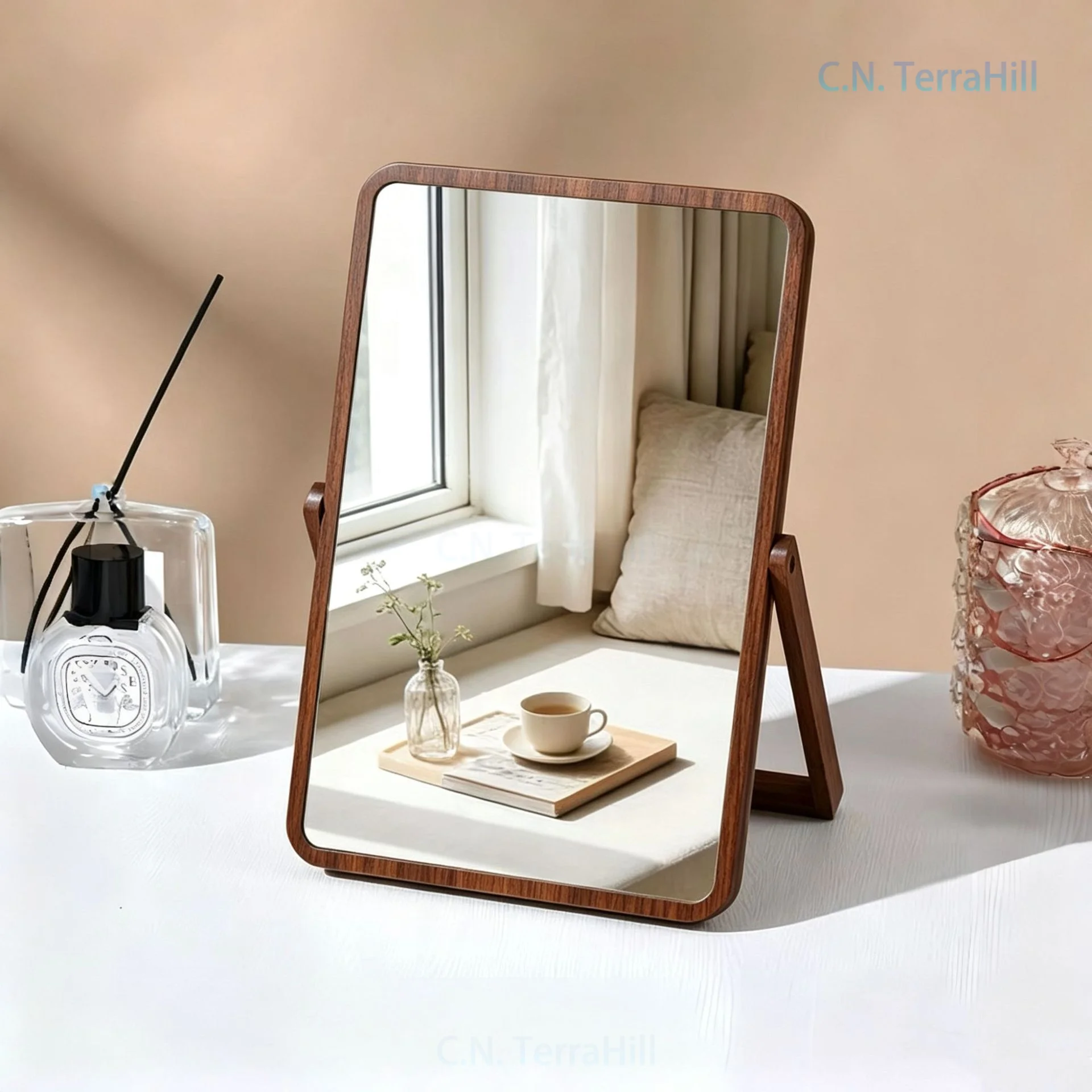 Large Folding Solid Wood Desktop Vanity Mirror HD Tabletop Makeup Mirror for Dorm Room Wall Mounted
