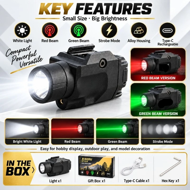 X400U Style Alloy Dual Beam Flashlight, Green & Red Light, Strobe Mode, Clip-On Rail Base, Rechargeable, Outdoor Play Gear