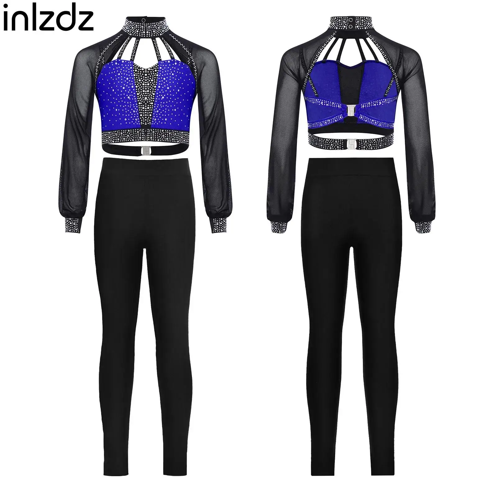 

Kids Girls Shiny Rhinestones Rhythmic Gymnastics Ballet Dance Costume Set Long Sleeves Crop Top+Leggings Set for Figure Skating