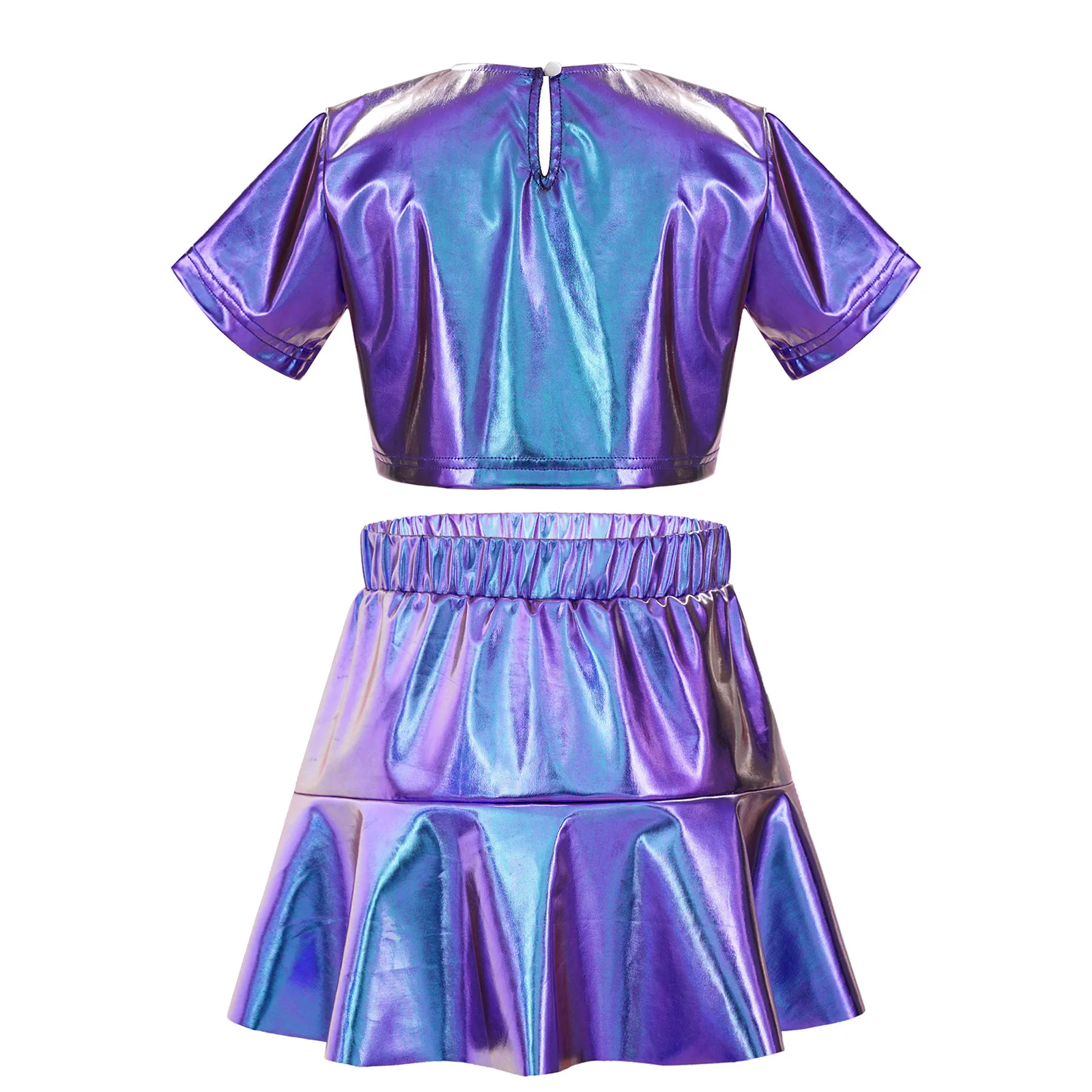 Kids Girls Hip Hop Disco Dance Costume Short Sleeve Round Neck Metallic Crop Top With Skirt for Modern Dance Stage Performance