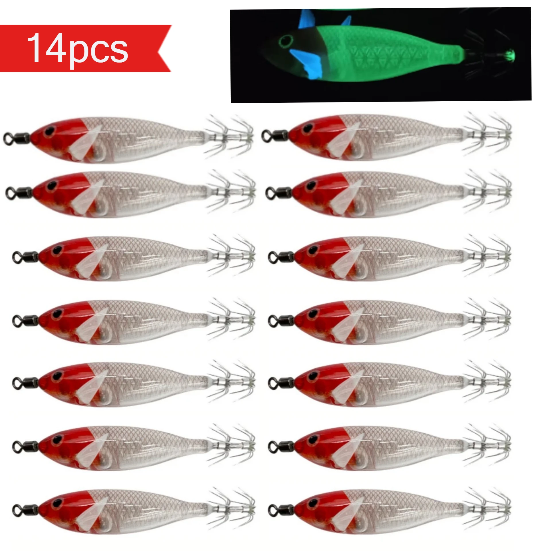 14 Stück/Set 8cm/5,7g Leuchtende Garnelen-Tintenfisch-Jig-Haken Angelköder Oktopus-Köder Meeresfischerei-Zubehör Künstlicher Köder