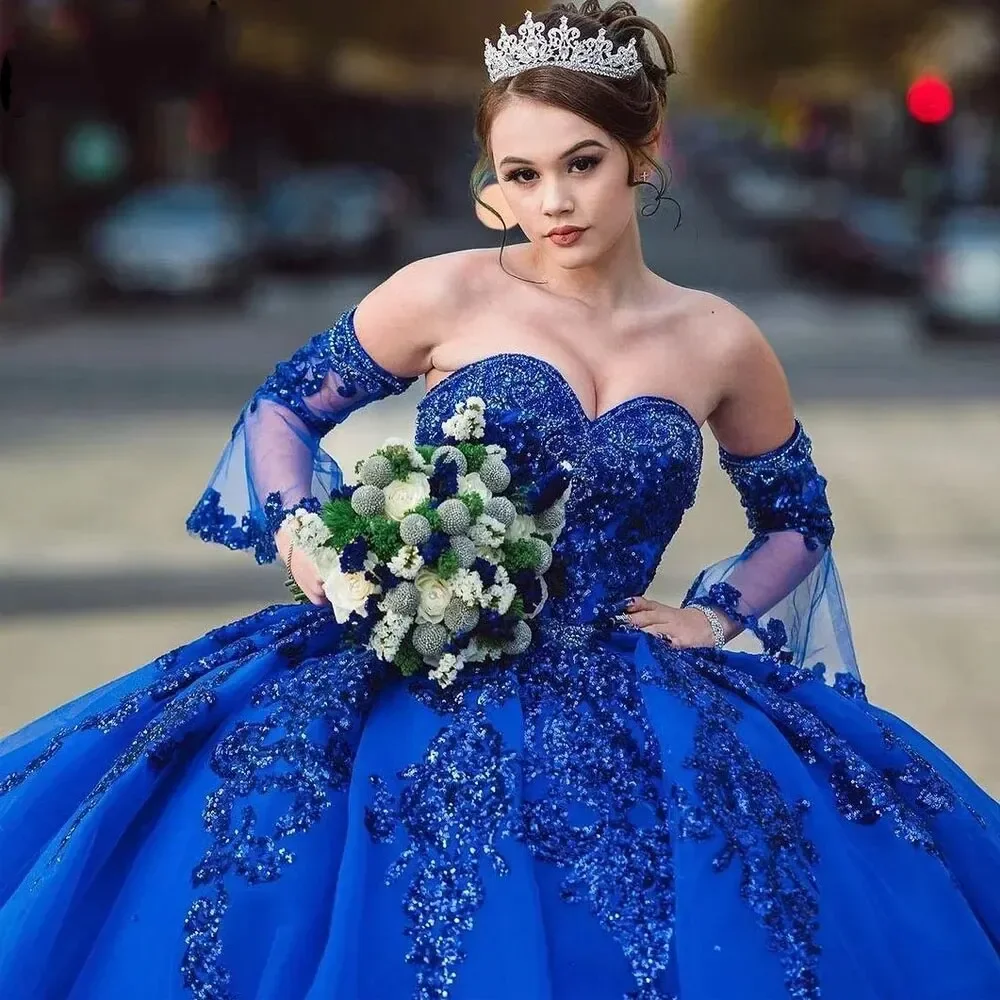 Custom Made Royal Blue Sweet 16 Quinceanera Dresses 2025 Ball Gown Trumpet Sleeves Applique Mexico Vestidos De 15 Años