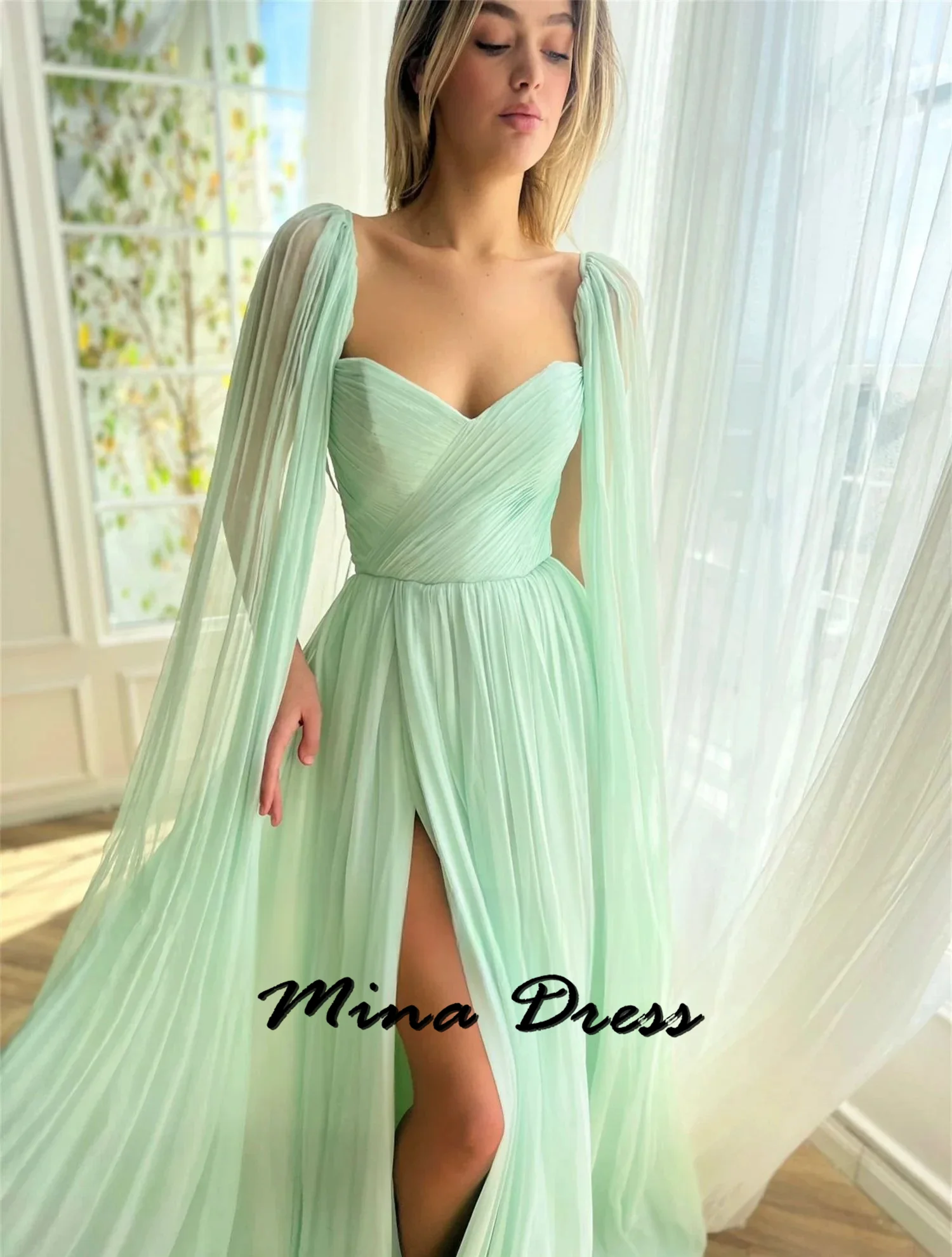 

Mina Customized V-neck Elegant Party Dresses 2024 for Wedding Dresses for Formal Occasions Shawl Prom Dress Es Sleeveless Slit