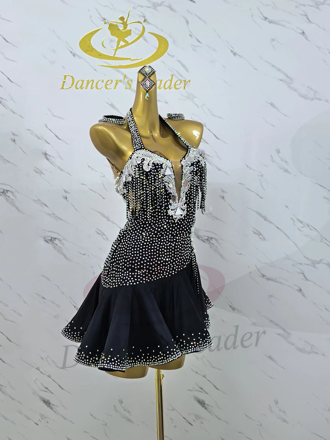 Latin Dance Adult And Children'S Dress AB Stone High End Customized Black Hanging Neck Dress Cha Cha Tango Women'S Clothing