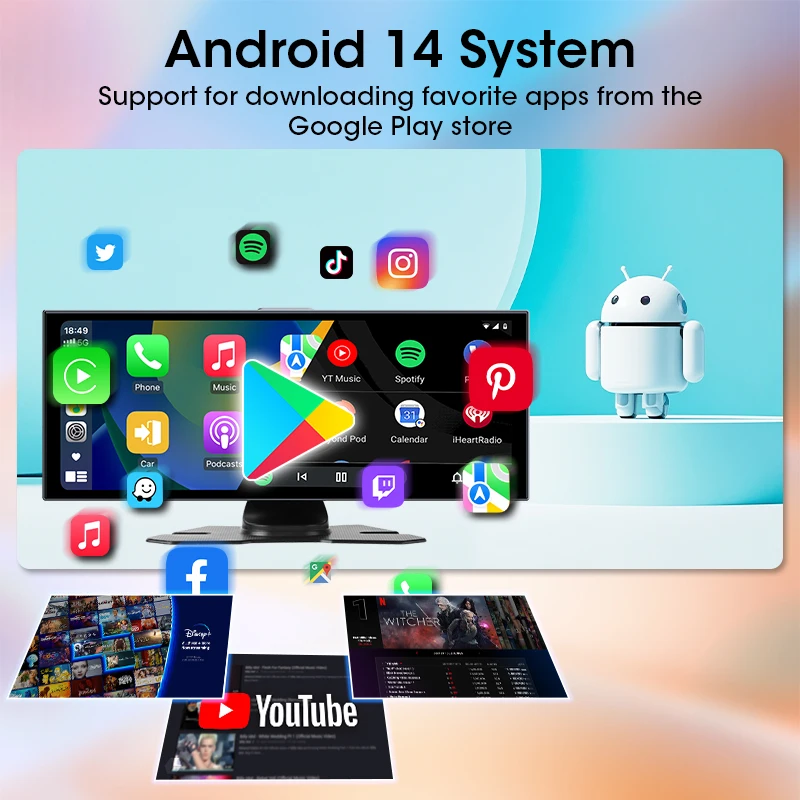 11.26 polegadas Dash Cam 4G + WIFI Android 14 8Core 4G + 64G Carplay Android Auto Car DVR 1080P Gravação Suporte Youtube Netflix