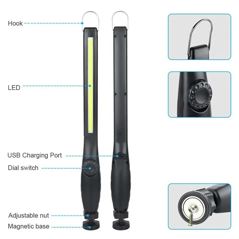 New USB Rechargeable COB LED Flashlight Magnetic Work Light Torch Hook Portable Lantern Inspection Light Camping Car Repair Lamp