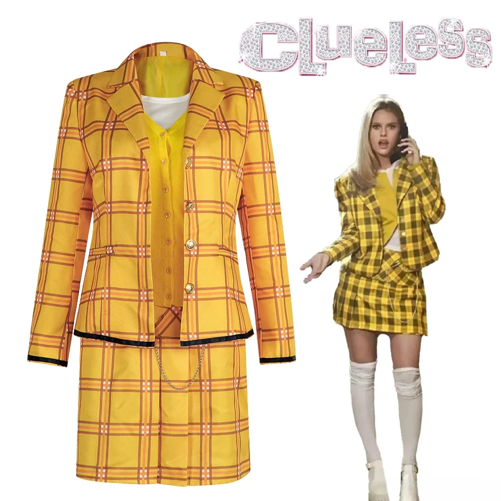 Nuovo film Clueless Cher Costume Cosplay Donne adulte Uniforme scolastica Griglia Stampa Cappotto Set completo Accessori Abiti da completo