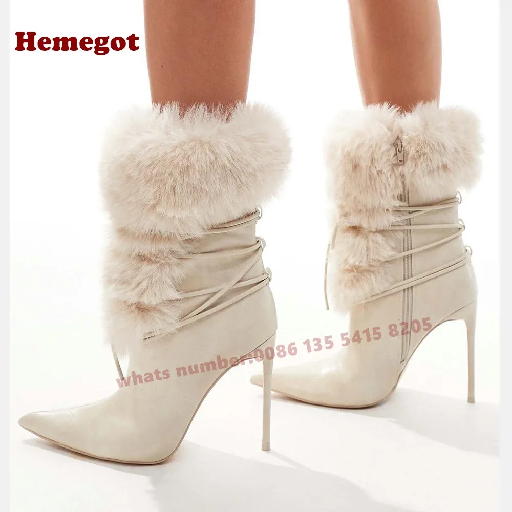 

Черные сапоги до середины икры с перекрестными ремешками, женские ботинки на пушистом меху, зима 202, новые повседневные туфли на шпильке с острым носком, пикантная обувь