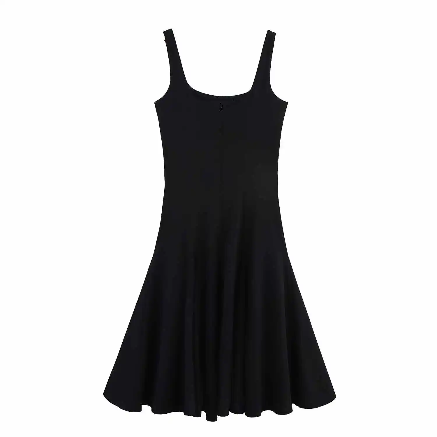 Französisches elegantes A-Linien-Sommerkleid in Schwarz für Damen, ärmellos, quadratischer Ausschnitt, Röcke, modischer Reißverschluss, plissierte Spaghettiträger-Kleider