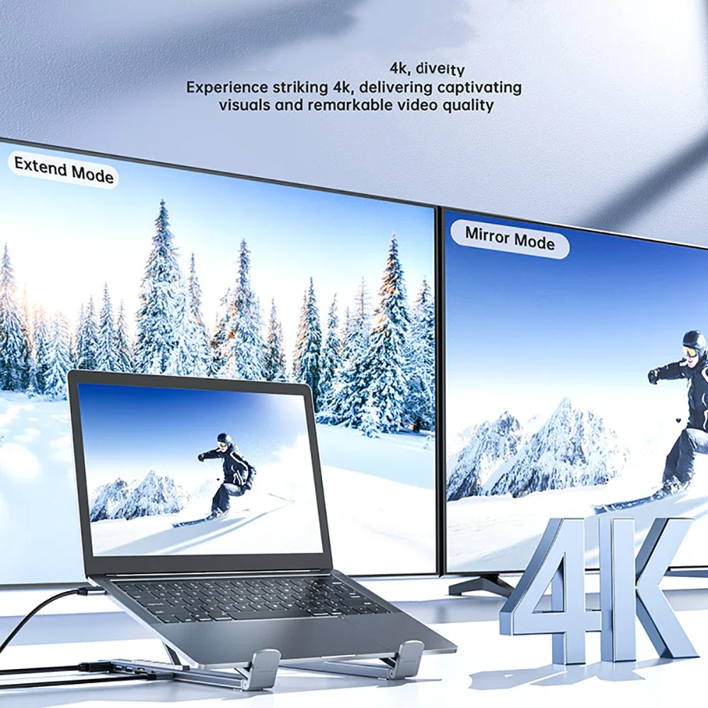 8-in-1 브래킷 도킹 스테이션 알루미늄 합금 노트북 홀더 허브 TYPE-C to HD 어댑터 4K PD100W USB3.0 5Gbps 허브 USB 스플리터