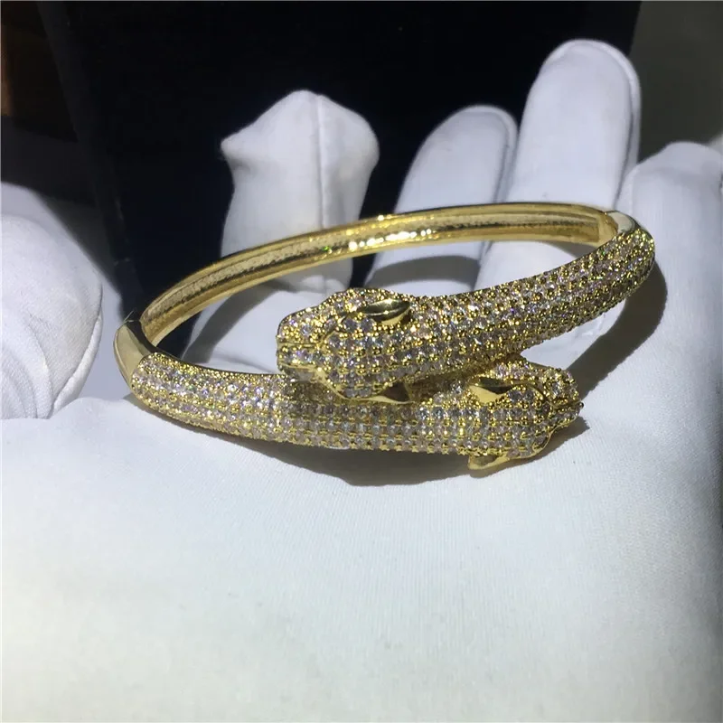 14K Gold Leopard Head Micro Pave Lab Diamond Bangle Party Engagement Bangles Bracelets for Women Men Wedding Accessaries