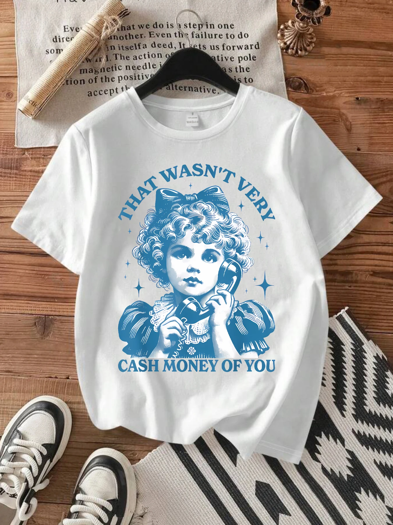 

Little girl and English letters Plus size women's round neck short sleeve T-shirt with elastic half sleeves and trendy prints