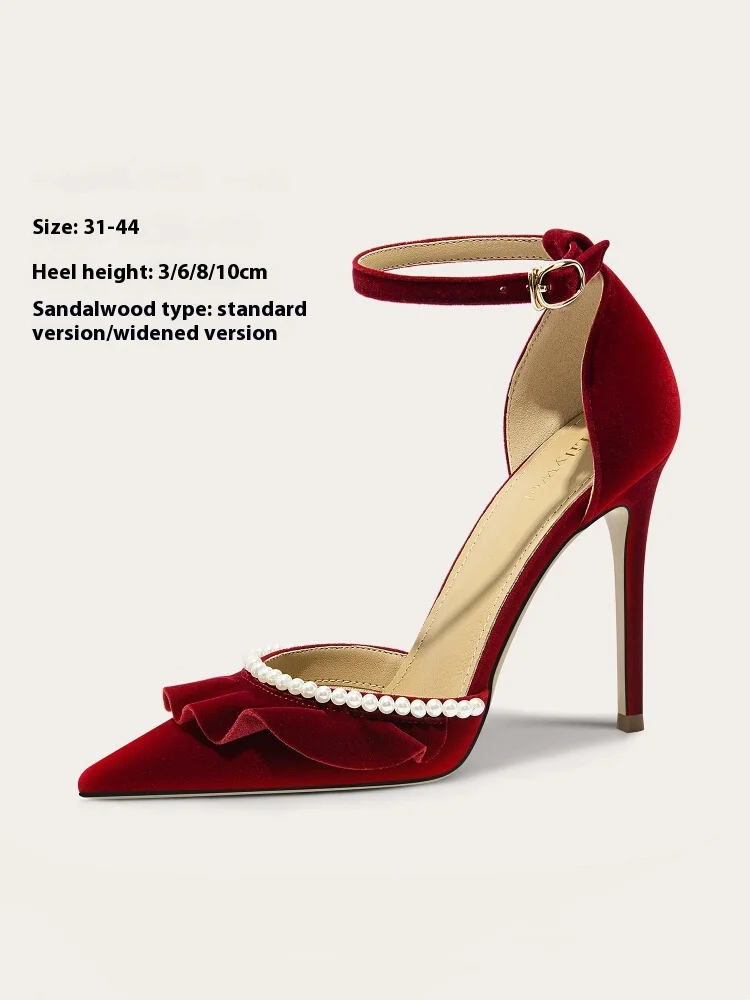 

Spring and summer new pointed suede pearl low-heeled shoes thin high-heeled banquet dress large size small size women's sandals