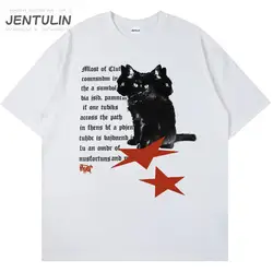 Punk Hip Hop Men's T Shirt Streetwear Y2K Black Cats Star Graphic Print Tshirt Summer Harajuku Fashion Goth Loose Tee Cotton Top