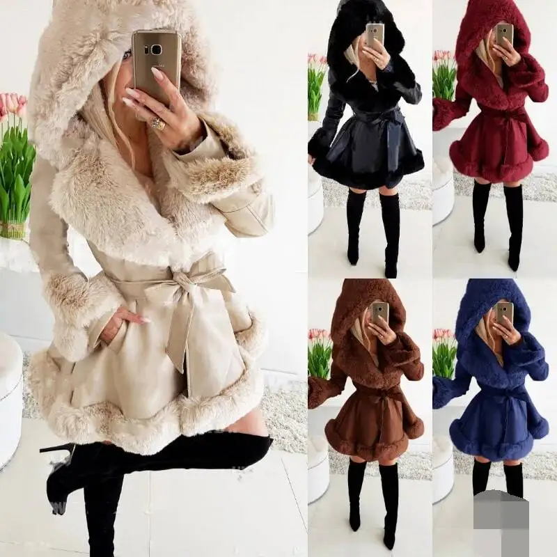 

New Women's Long-Sleeved Warm Solid Color Lace-Up Belt Fur Splicing Ruffle Edge Hooded Jacket Parka