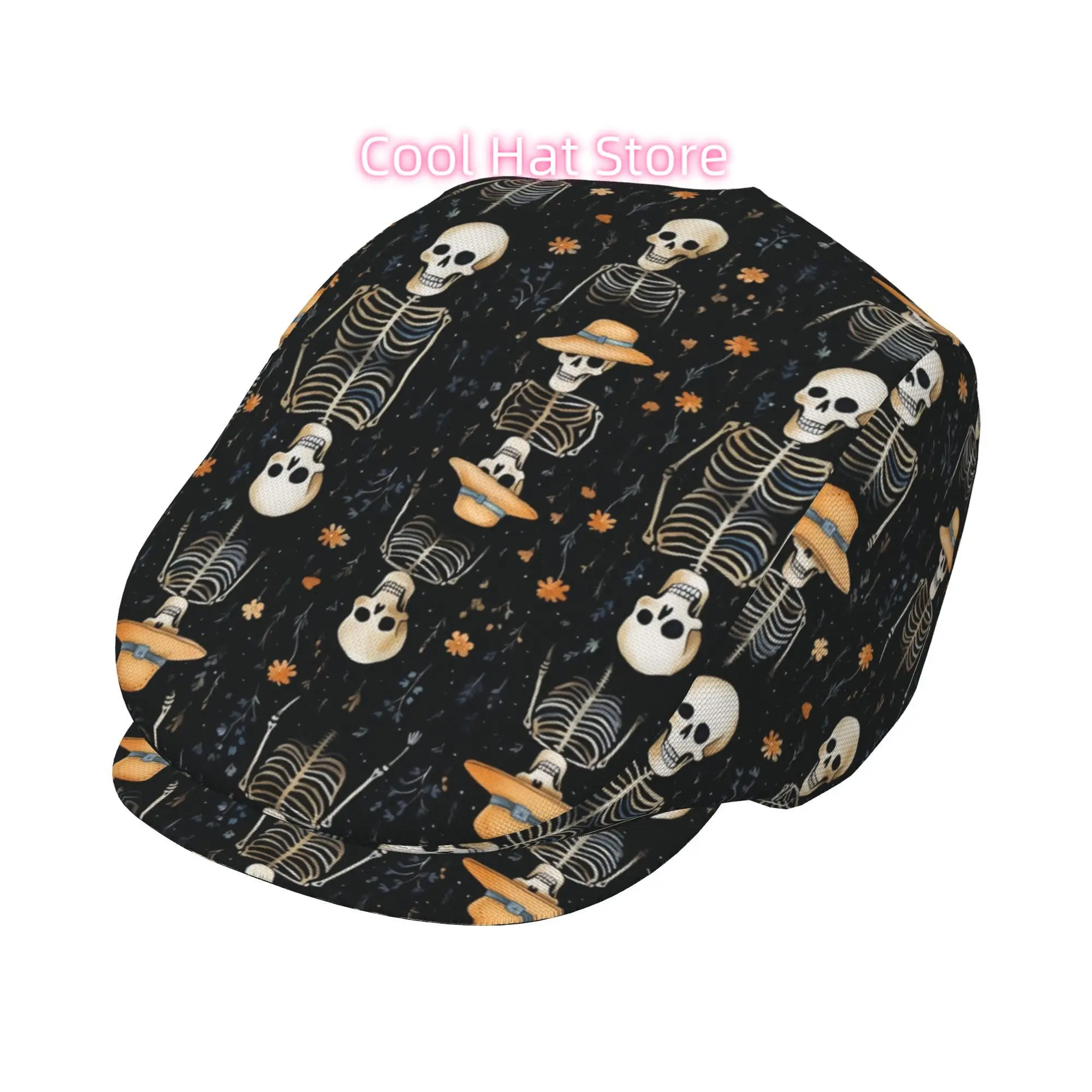 1pc Gothic Mexican-Calaveras Skull & Sombrero Hat - Adjustable Snapback Closure, Lightweight Polyester Beret Cap for Men & Women