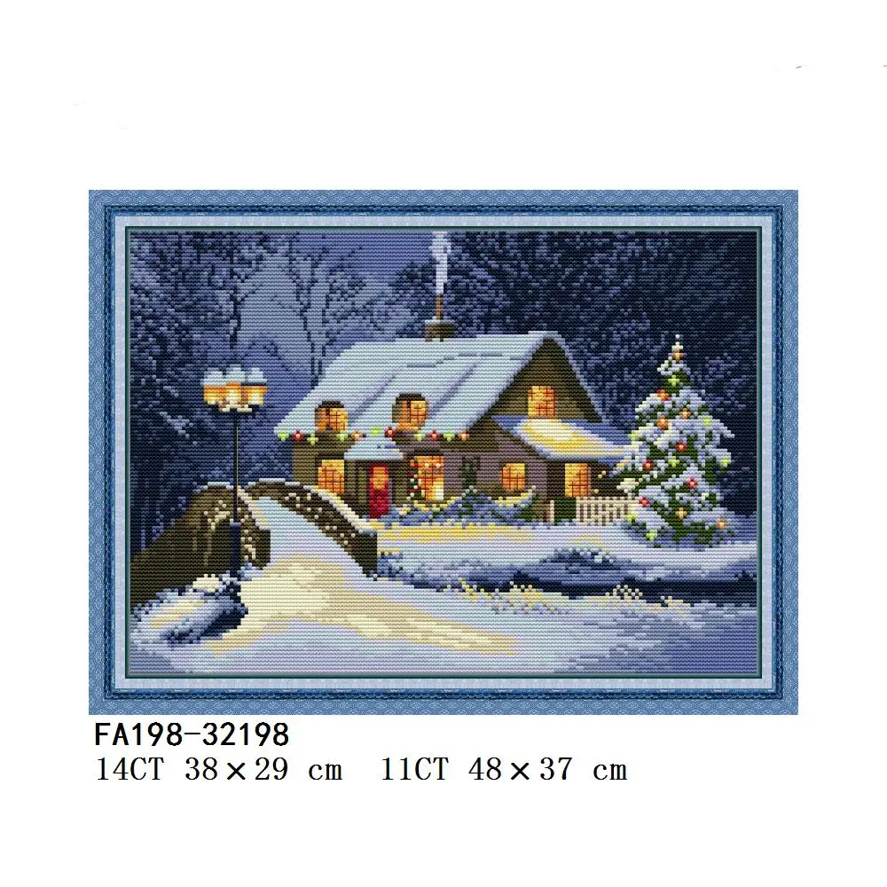 Warm Winter Christmas Eve in Town for Church, Snowy Night, Rural Snow Night, Cross Stitch, FA181, FA197, FA198, FA213, FA216