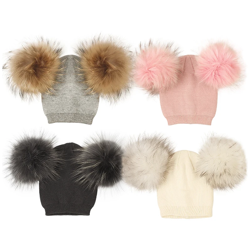 Baby Girls Boys Winter Children Wool Hats With Double Real Fur Pompon Kids Cap Thick Warm Knitted Beanies Outdoor Windproof Hats