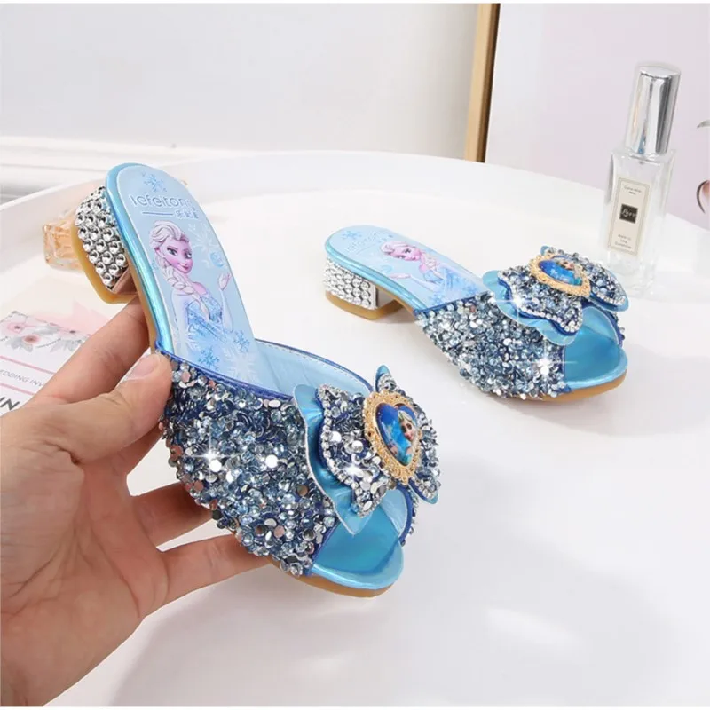 Sandales d'été à paillettes pour filles, pantoufles à la mode, chaussures à talons hauts pour enfants, robe de soirée Elsa, pantoufles en cuir pour filles