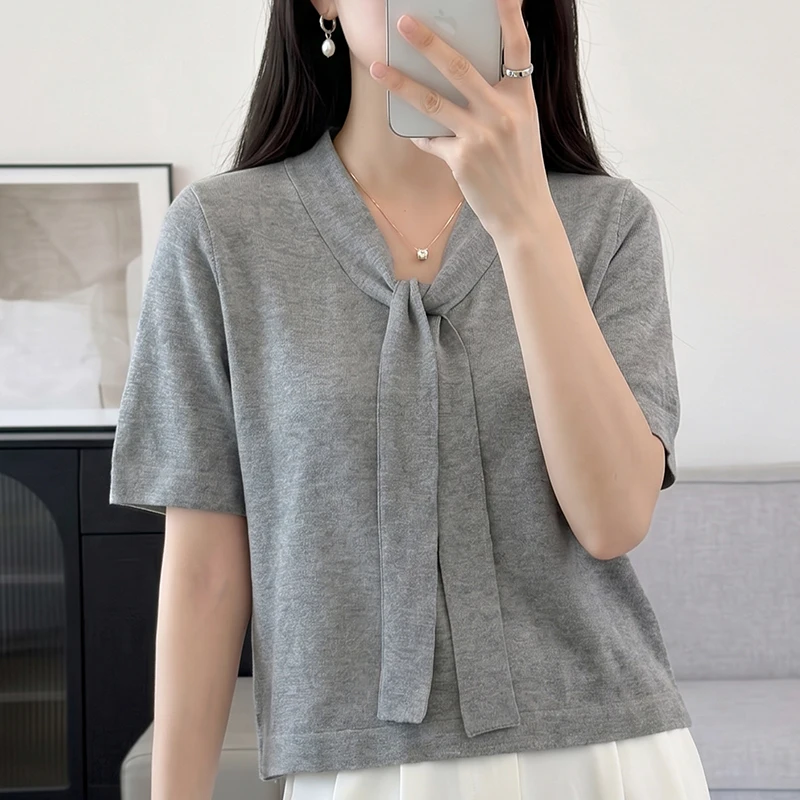 Summer 100% cotton women's T-shirt casual knitted pullover short sleeved loose V-neck lace up T-shirt fashionable hot sellingtop